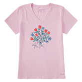Women's Let Love Grow Heart Flowers Short Sleeve Crusher Vee