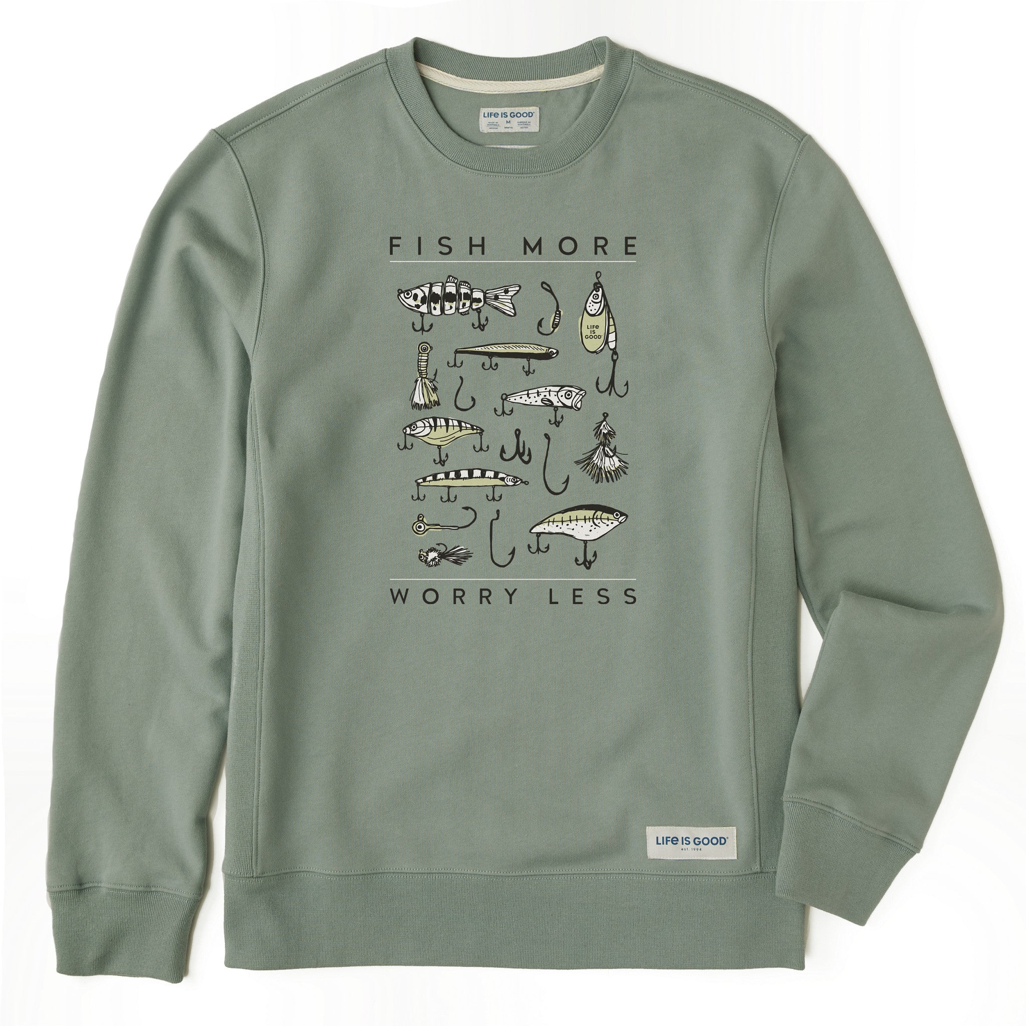 Men's Fish More Worry Less Hooks and Tackle Simply True Crew