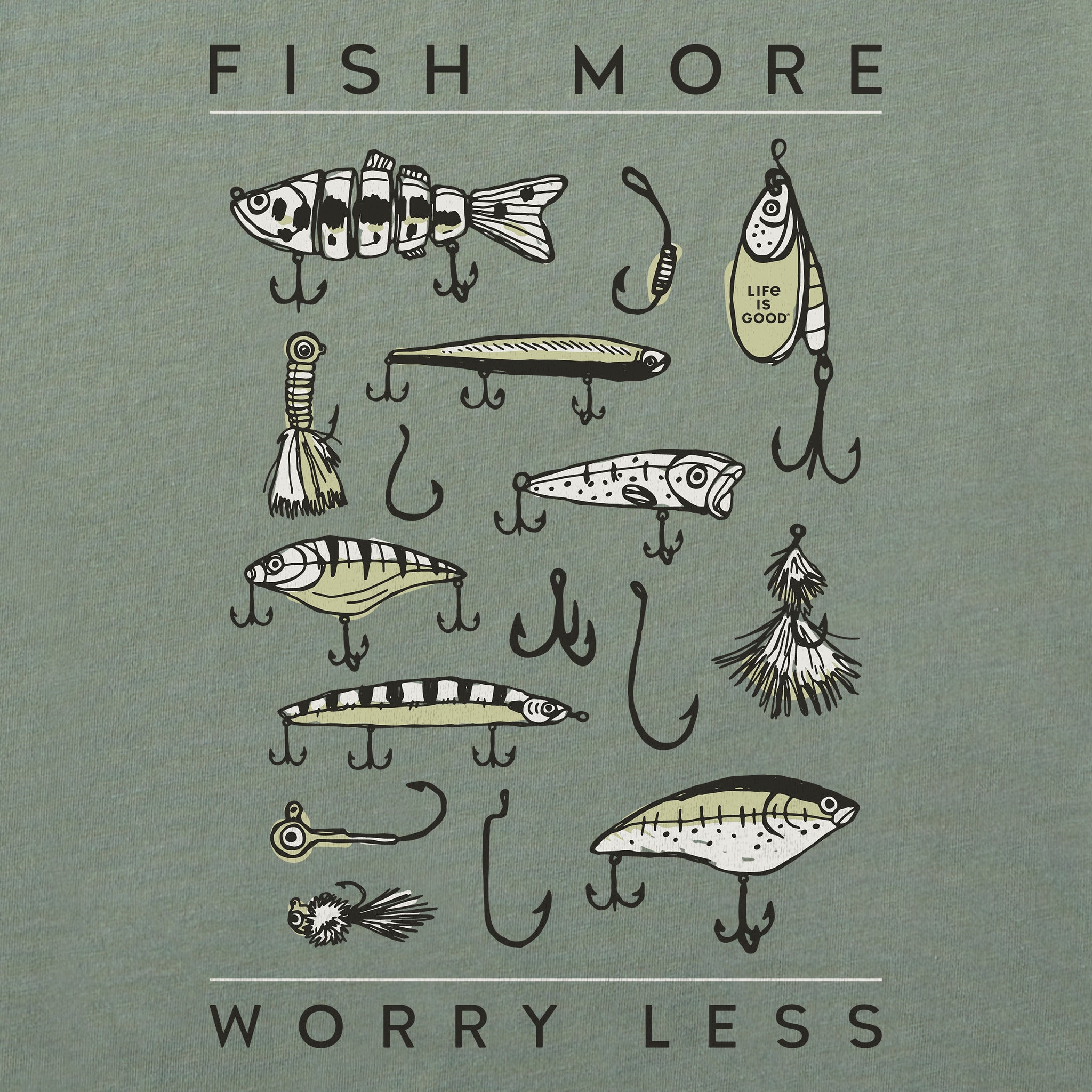 Men's Fish More Worry Less Hooks and Tackle Simply True Crew